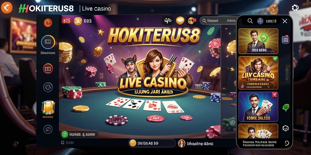 Screenshot permainan Live Casino HOKITERUS88 menampilkan dealer dan pemain berinteraksi langsung.