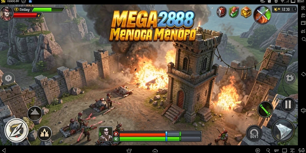 Tampilan gameplay MEGA288 menunjukkan aksi menara bertahan yang intens.