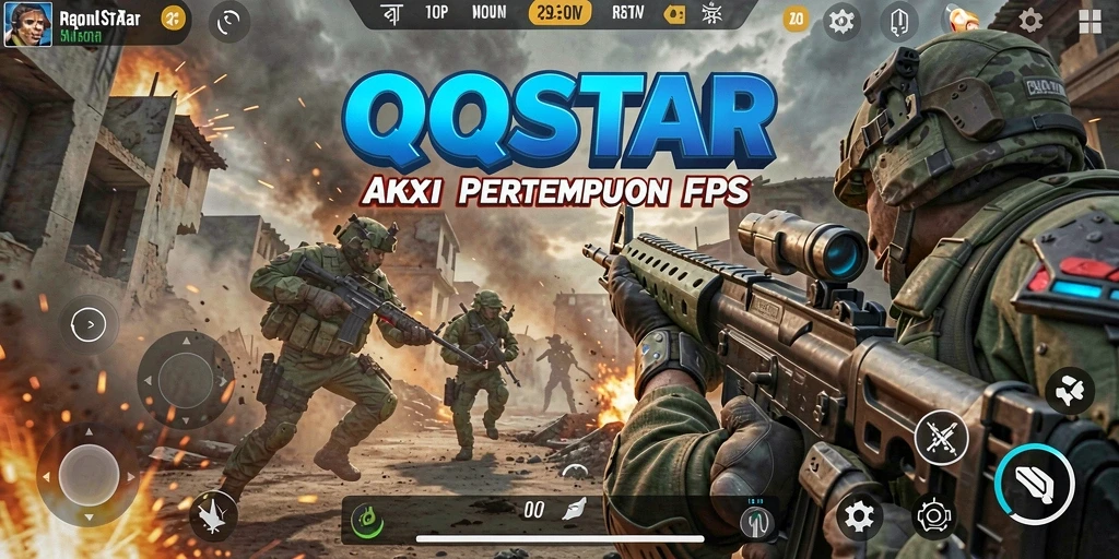 Screenshot gameplay <strong>QQSTAR</strong> menunjukkan aksi mendebarkan dalam pertempuran FPS.